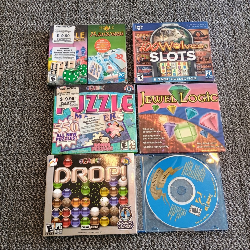 Lot of 6 Vintage PC Games CD-ROM Hoyle Mahjongg Slots Puzzle Master Jewel Logic